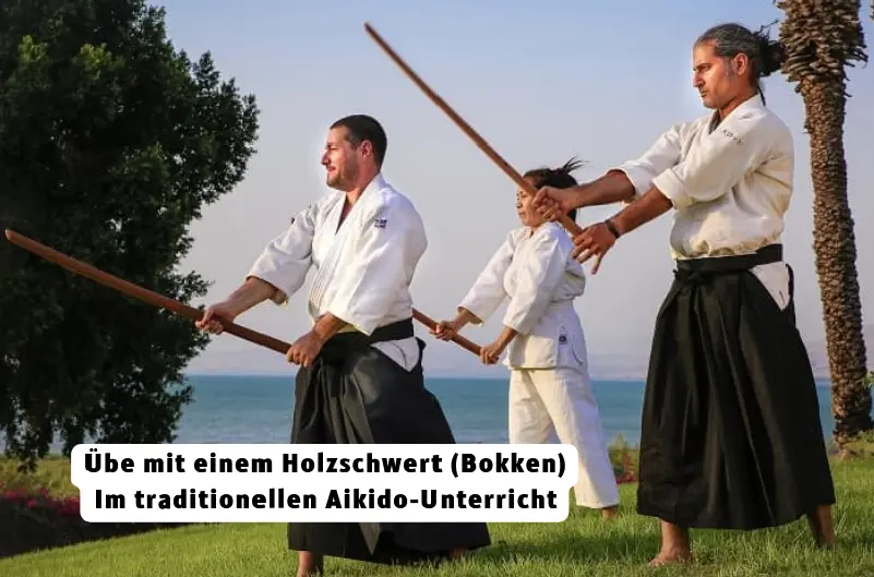 Übe mit einem Holzschwert (Bokken) Im traditionellen Aikido-Unterricht